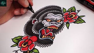 How to Draw Out a Tattoo Design  Old School Gorilla [upl. by Ahsekar]