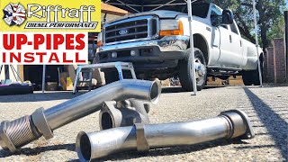 2001 F350 73  RiffRaff UpPipes Install  Stock up pipes leaking and falling apart JUNK SP [upl. by Nerraj]