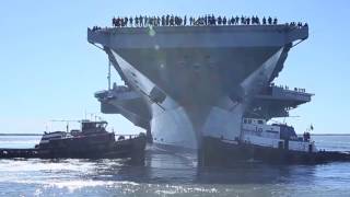 USS Gerald R Ford CVN 78 departs the shipyard [upl. by Ayekehs]