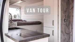 VAN TOUR  Luxury Modern Camper Van with full bathroom skylight amp partition wall  Stealth Vanlife [upl. by Arok]