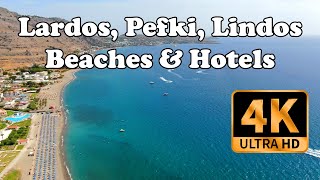 Lardos Lindos Pefki beaches and hotels from Drone in 4K Rhodes Greece [upl. by Kemeny386]