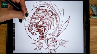 How to draw a Tattoo Design from Beginning to End  Neo Traditional Tiger Sketch [upl. by Assetnoc]