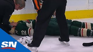 Eric Staal Down On Ice After Huge Collision With Linesman [upl. by Euqinitram304]