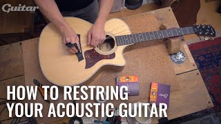 How to correctly restring your acoustic  Guitarcom DIY [upl. by Amorita122]