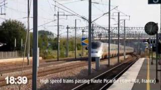 Thalys Eurostar TGV High Speed Trains passing at Haute Picardie 2011 [upl. by Lonna]