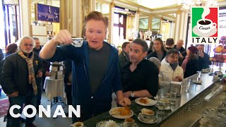 Jordan Schlansky Lectures Conan About Coffee In Naples  CONAN on TBS [upl. by Cesya]