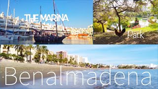 Benalmadena walking tour beach strip marina park Costa Del Sol Spain Malaga Espanja [upl. by Eylsel]